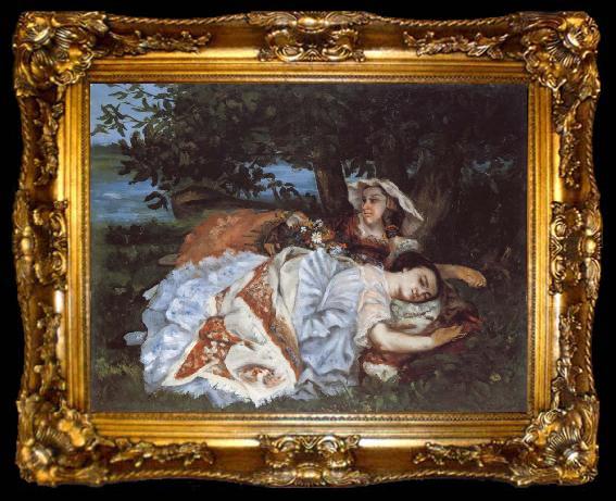 framed  Gustave Courbet Young Ladies on the Bank of the Seine, ta009-2
